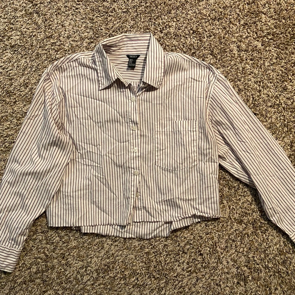 Striped Cropped Button Up Forever 21 Blouse